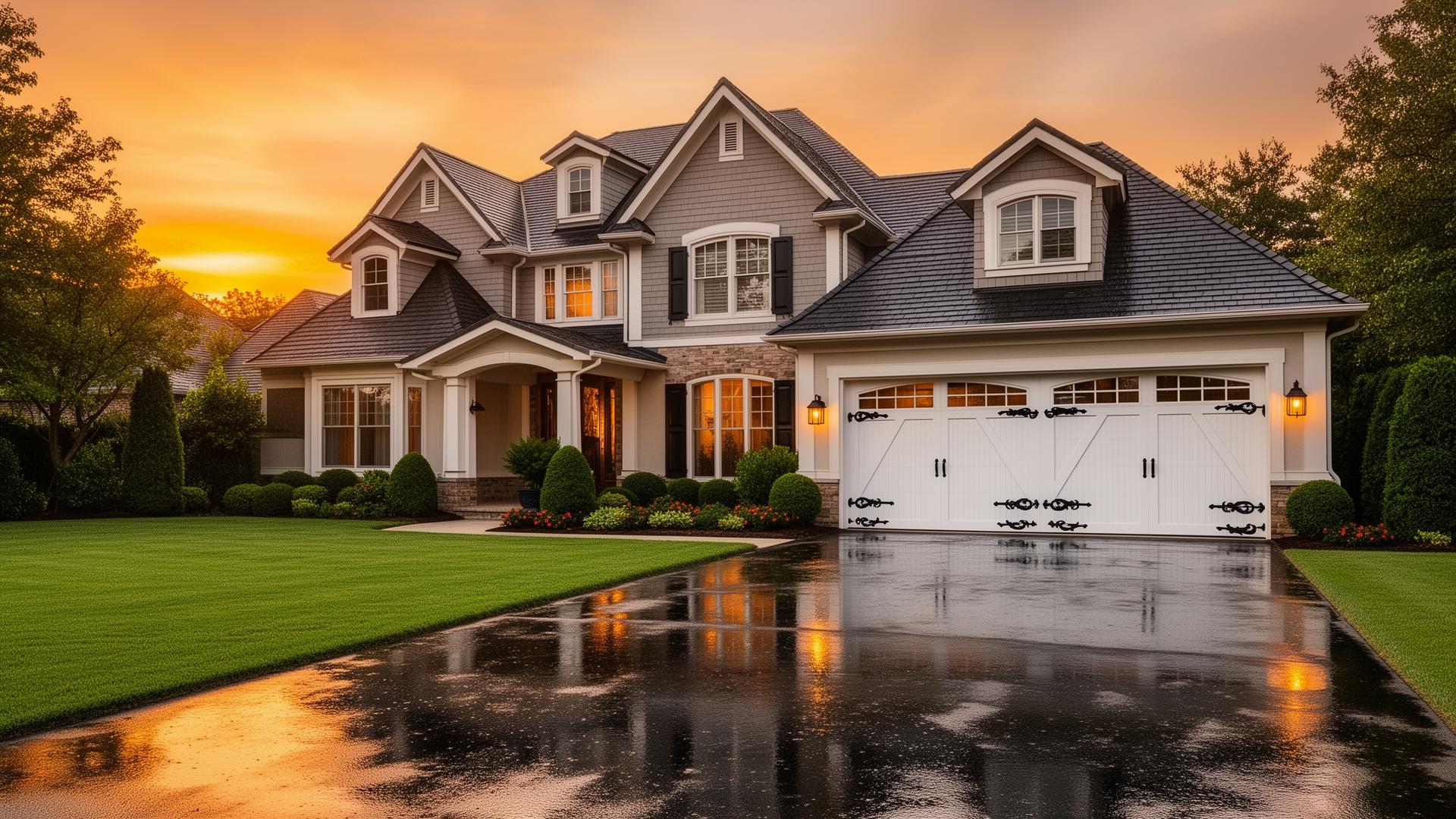 Beautiful suburban home with elegant carriage house garage doors featuring decorative iron hardware